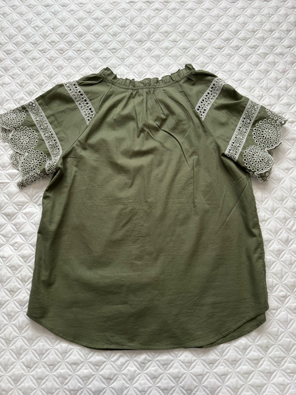 NWT Talbots Olive Green Embroidered Eyelet Sleeve Ruffle Neck Blouse Size Medium - Picture 14 of 15